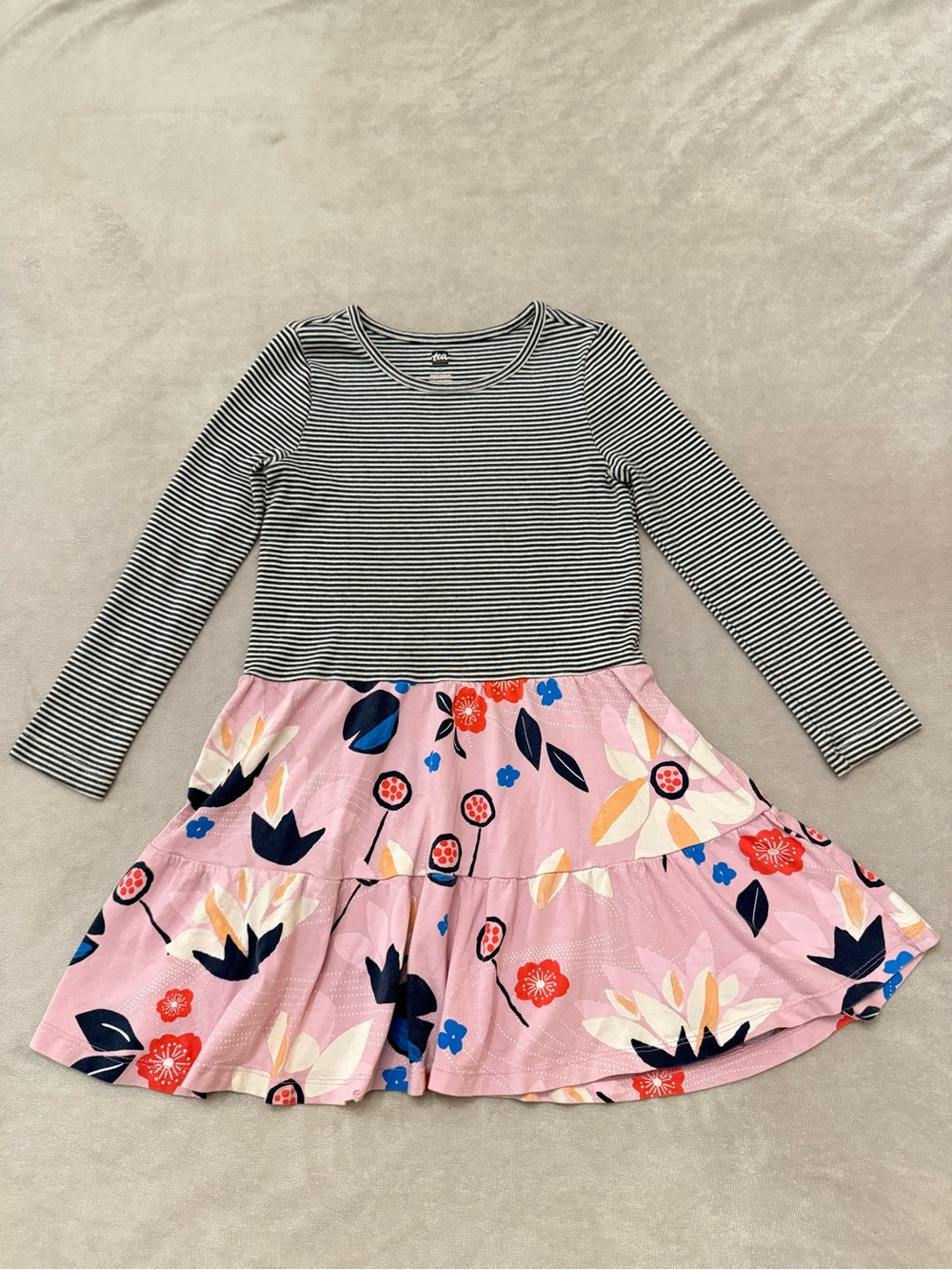 Tea Collection Girls Floral Dress Size 6 Pink Black Striped Long Sleeve Cotton